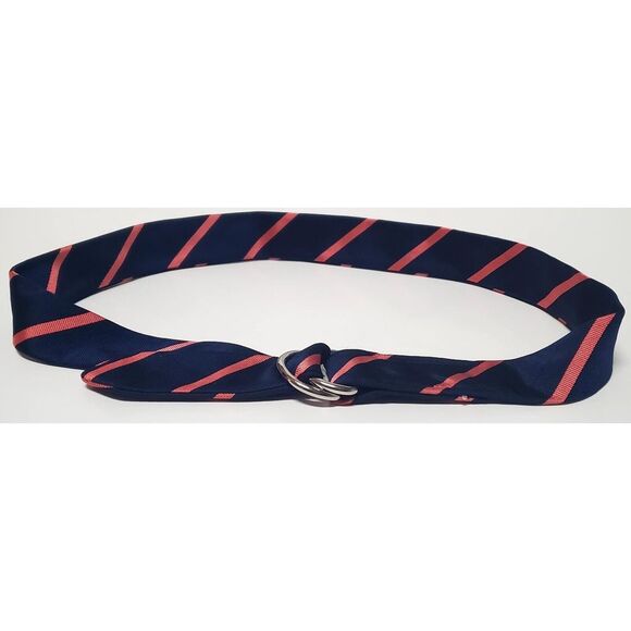 J. Crew Tie Belt 100% Silk Diagonal Print Navy & Salmon D Ring 68435 WOM SM/MED - Picture 2 of 8